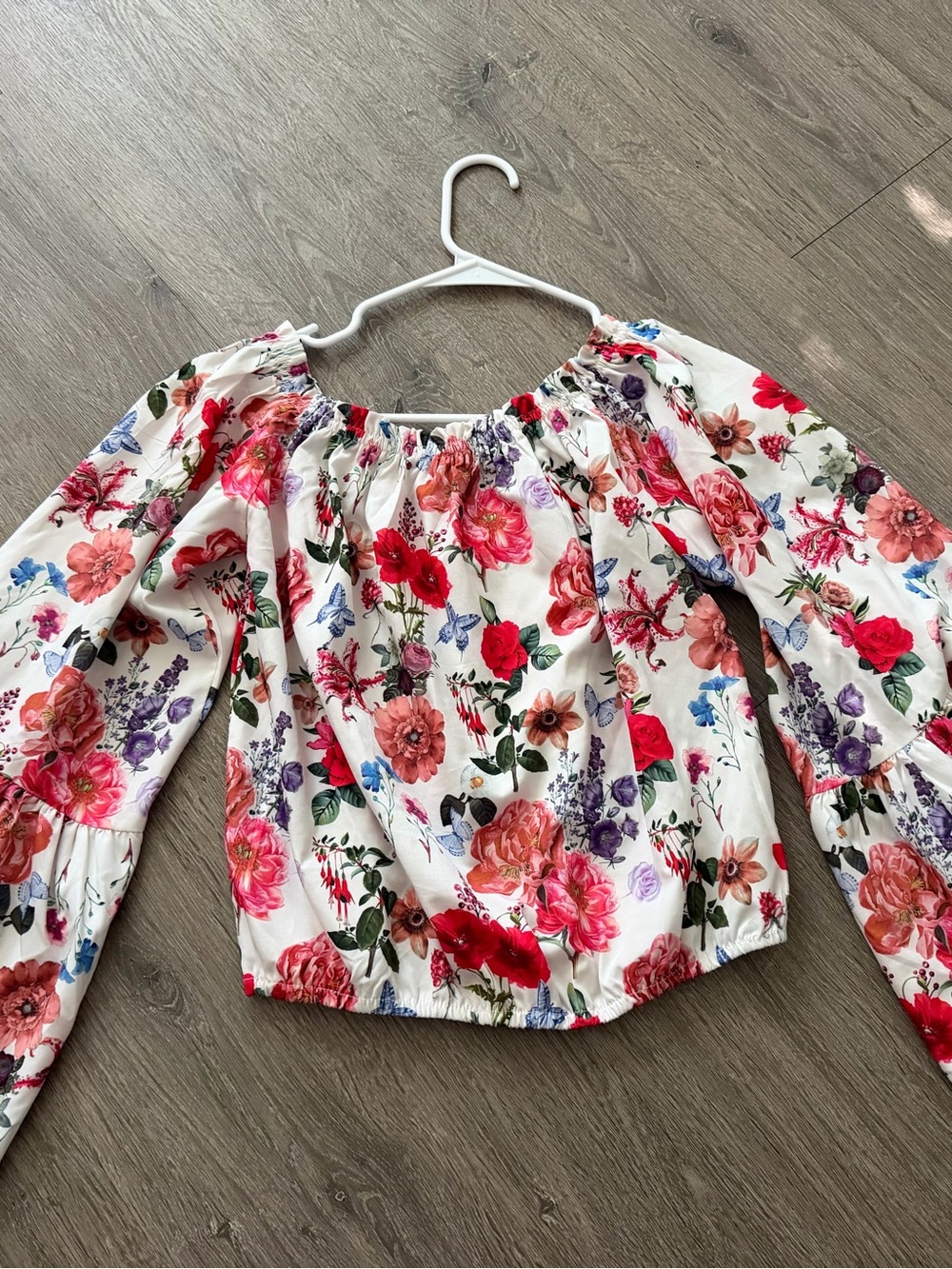 Floral Off-Shoulder Peasant Top - White with Pink & Red Bloom